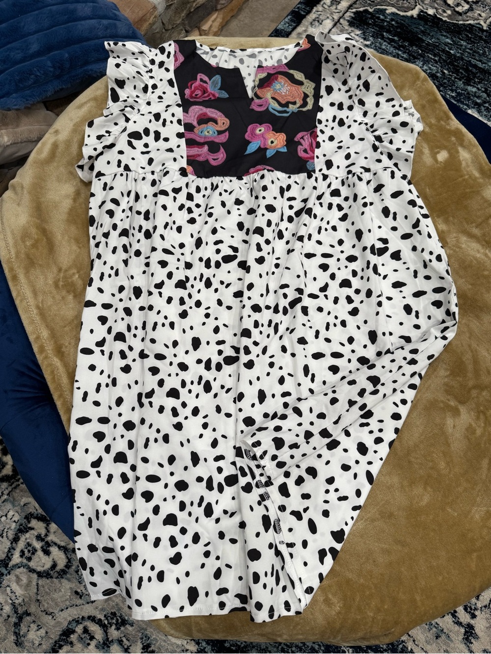 Black & White Dalmatian Print Dress with Colorful Floral Yoke